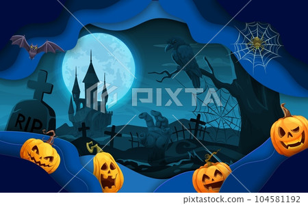 Halloween paper cut midnight castle and cemetery landscape. Vector horror holiday pumpkins, spooky bat and spider. 3d layered papercut frame with creepy moon, haunted house, zombie hand, moon and web 104581192