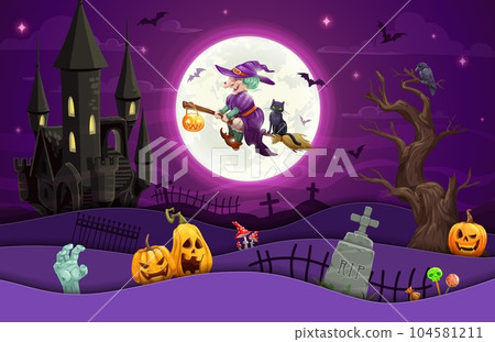 Halloween paper cut cartoon flying witch on cemetery. Vector holiday papercut design with old hag on broom with cat at night sky with full moon and castle. 3d effect waves, sweets, tomb, zombie hand 104581211