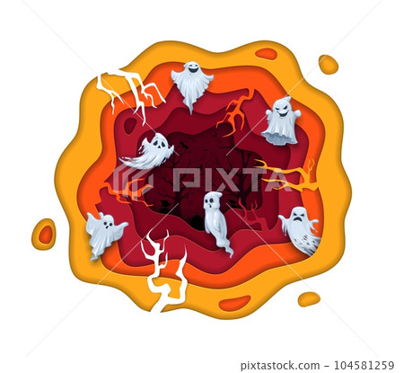 Halloween paper cut cartoon funny and eerie flying ghosts on cemetery landscape. Vector october holiday design with 3d papercut effect wavy frame, spooky phantoms, branches and graveyard graphics art Halloween paper cut cartoon funny and eerie flying ghosts on cemetery landscape. Vector october holiday design with 3d papercut effect wavy frame, spooky phantoms, branches and graveyard graphics art 104581259