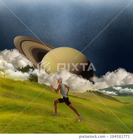 Contemporary art collage. Young man, athlete in sportswear and headphones running on green grass over giant plant background 104581771