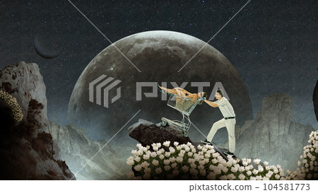 Contemporary art collage. Man carrying woman in shopping trolley over giant plant background. Travelling to unknown places 104581773