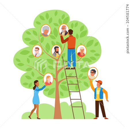 Young girls and boys make up family tree. Man on ladder, woman hold photo. Parent and children portrait. Representation of generations of ancestors. Cartoon flat isolated vector heritage concept 104581774