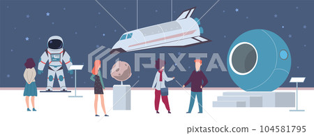 Planetarium. Space exhibition. Visitors men and women in astronomy museum on excursion, spacecraft and rocket sculpture, astronaut suit and cosmic shuttle. Cartoon flat isolated illustration Planetarium. Space exhibition. Visitors men and women in astronomy museum on excursion, spacecraft and rocket sculpture, astronaut suit and cosmic shuttle. Cartoon flat isolated illustration 104581795