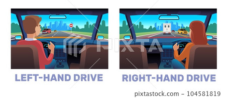Differences between right handed and left handed driving. Man and woman riding on road, automobile interior, character back view. Driver in car cartoon flat style isolated vector concept 104581819