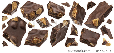 Dark chocolate chunks with almond isolated on white background 104582603