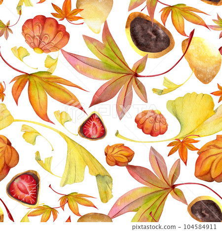 Watercolor seamless pattern with hand drawn traditional Japanese sweets. Wagashi, mochi, autumn maple leaves. Isolated on white background. Invitations, restaurant menu, greeting cards, print, textile 104584911