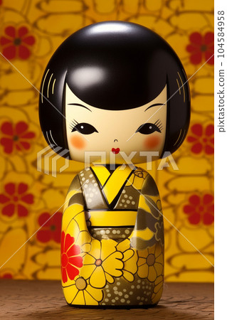 Generative ai. Japanese kokeshi doll with short hair and kimono Generative ai. Japanese kokeshi doll with short hair and kimono 104584958