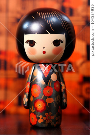Generative ai. Japanese kokeshi doll with short hair and kimono 104584959