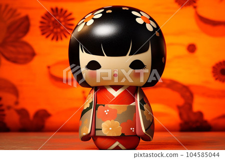 Generative ai. Japanese kokeshi doll with short hair and kimono 104585044