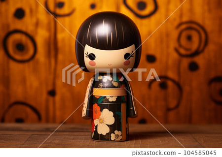 Generative ai. Japanese kokeshi doll with short hair and kimono Generative ai. Japanese kokeshi doll with short hair and kimono 104585045