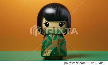 Generative ai. Japanese kokeshi doll with short hair and kimono Generative ai. Japanese kokeshi doll with short hair and kimono 104585046