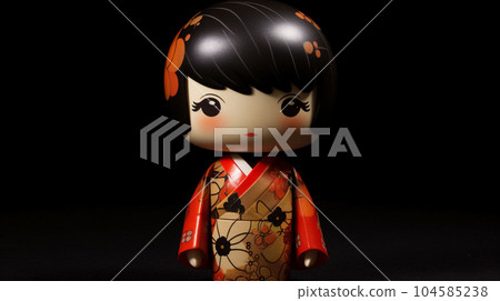Generative ai. Japanese kokeshi doll with short hair and kimono 104585238