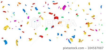 Colorful confetti and zigzag ribbon falling from above Streamers, tinsel vector 104587087