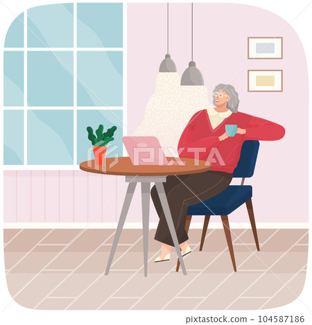 Adult woman sitting on chair at home or restaurant at cozy table drinking coffee resting after work 104587186