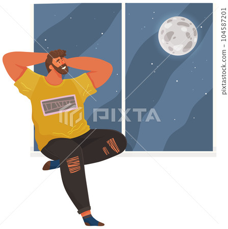 Young smiling man thinking about future and looks out window at moon and dark sky with stars 104587201