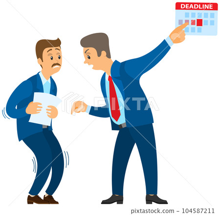 Angry boss shouting to employee. Conflict in office between chief and worker, stressed subordinate 104587211
