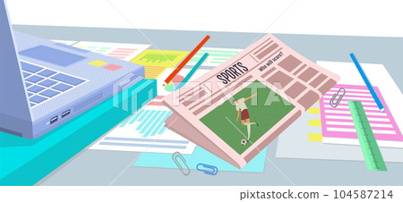 Paper publication with fresh news. Newspaper with sports headline. Publishing article about football 104587214
