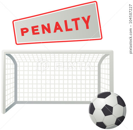 Soccer ball on penalty spot at stadium. Football competition, ball opposite goal with net 104587227