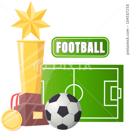 Gold cup near football ball poster of sport game competition, championship cup banner template 104587258