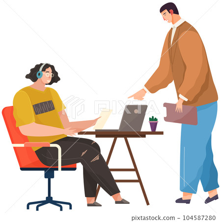 Communication, conversation at workplace. Colleagues communicate. People discuss work questions 104587280