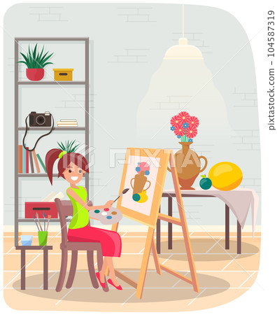 Smiling woman draws still life picture. Female artist with brushes holds palette in hands and paints 104587319