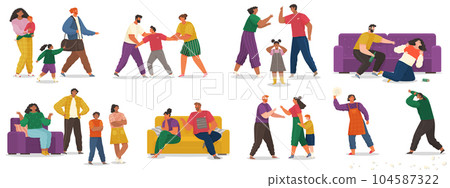 Problems and conflict in family, fight and arguing, quarreling over child in family scenes set 104587322