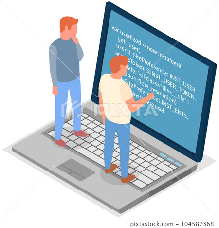 Young men standing on computer and working with laptop in social networks, typing program code 104587368