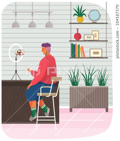 Man watching video, podcast, broadcast on smartphone screen. Virtual communication via Internet Man watching video, podcast, broadcast on smartphone screen. Virtual communication via Internet 104587370