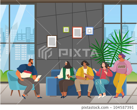 Communication, conversation at workplace. Colleagues communicate. People discuss work questions 104587391