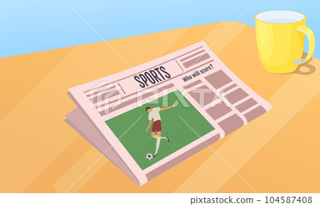 Paper publication with fresh news. Newspaper with sports headline. Publishing article about football 104587408