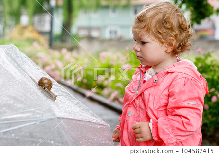 Cute adorable baby girl discovering snail on a walk. Beautiful curly toddler child having fun on rainy day. With big umbrella, child in waterproof clothes 104587415