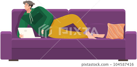Man lying on couch with computer, holding laptop and correspondence surfing in Internet, typing 104587416