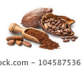 Cacao beans fruit and powder isolated on white 104587536