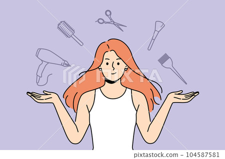 Woman stylist with flying accessories for hairdresser offers to make new hairstyle to change image Woman stylist with flying accessories for hairdresser offers to make new hairstyle to change image 104587581