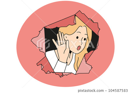 Woman peep through hole curious for gossips Woman peep through hole curious for gossips 104587583