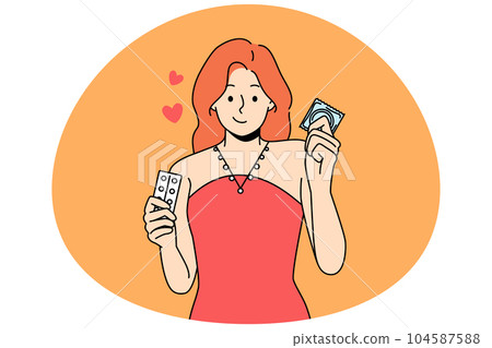 Woman holding contraception methods for pregnancy prevention 104587588