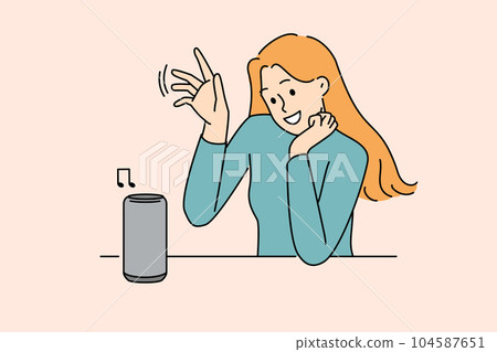 Woman uses wireless speaker with voice control to communicate with virtual interlocutor 104587651
