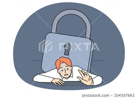 Stressed businessman pressed under heavy lock 104587661