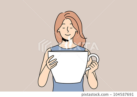 Woman inhales aroma of invigorating coffee and holds huge mug of drink for morning awakening Woman inhales aroma of invigorating coffee and holds huge mug of drink for morning awakening 104587691