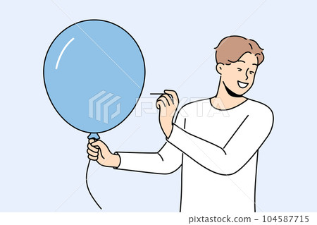 Man with balloon holds needle, wanting to make loud explosion to cheer people around 104587715