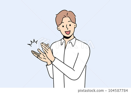 Man claps and applauds to show support or appreciation for successful colleague. 104587784