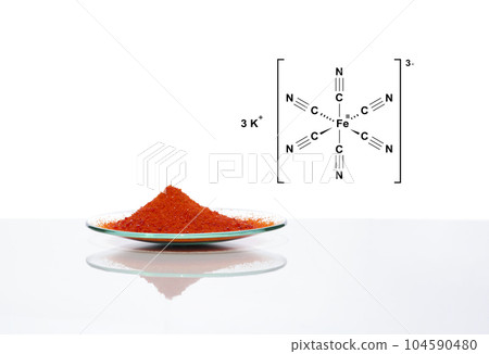 Closeup chemical ingredient on white laboratory table. Potassium Ferricyanide in chemical watch glass with molecular structure. Side View Closeup chemical ingredient on white laboratory table. Potassium Ferricyanide in chemical watch glass with molecular structure. Side View 104590480