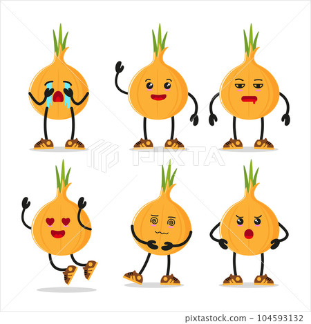 Cute onion character different pose activity expression vector illustration set Cute onion character different pose activity expression vector illustration set 104593132