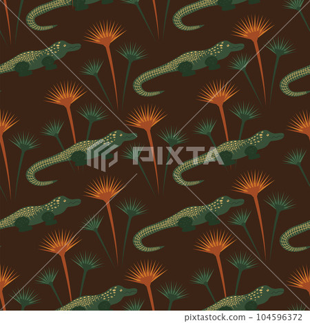 Ancient Egyptian themed vector seamless pattern with crocodiles 104596372