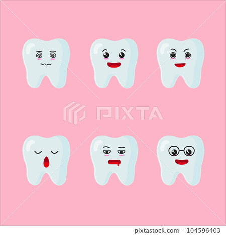 Cute happy teeth character different pose activity. tooth different face expression vector illustration set. 104596403