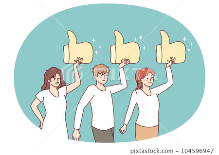 People holding huge like signs People holding huge like signs 104596947