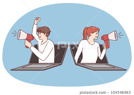 People with loudspeakers screaming from megaphones People with loudspeakers screaming from megaphones 104596963