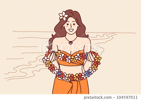 Woman from hawaiian beach holds flower lei garland and says welcome inviting tourists to islands 104597011