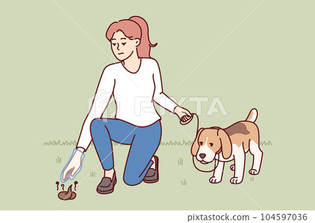 Woman walks dog with poop bag and picks up feces from ground, taking care of purity of nature Woman walks dog with poop bag and picks up feces from ground, taking care of purity of nature 104597036