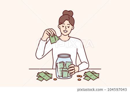 Woman puts money in jar wanting to save up to buy own house or start successful business 104597043